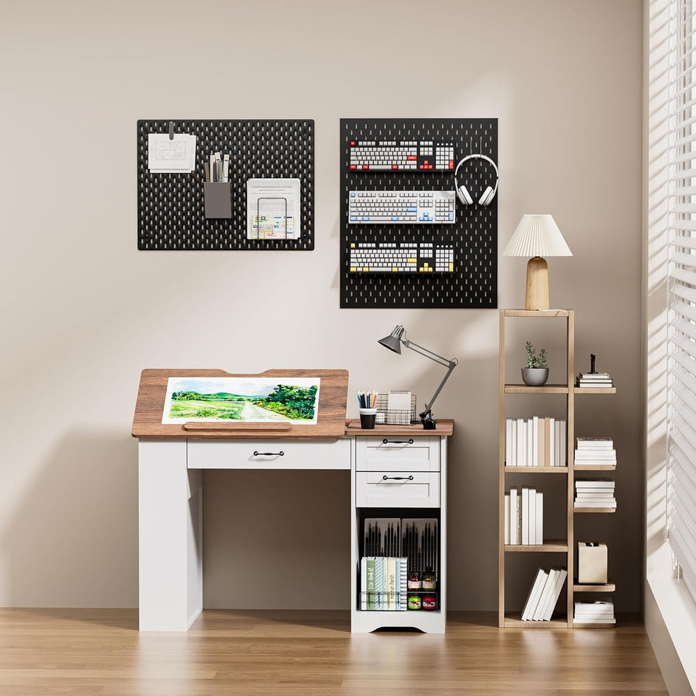 Drafting Table with Storage Cabinet & Drawers, Adjustable Drawing Table w...