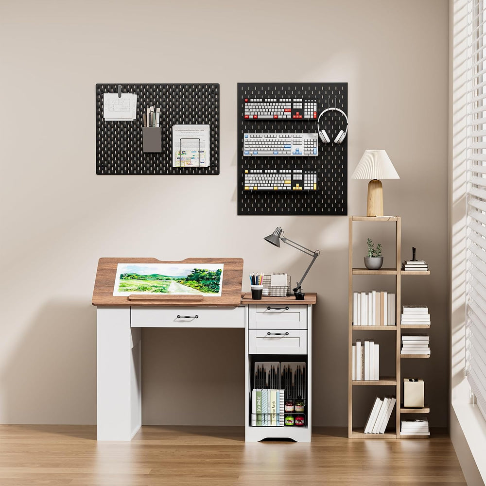 Drafting Table with Storage Cabinet & Drawers, Adjustable Drawing Desk wi...