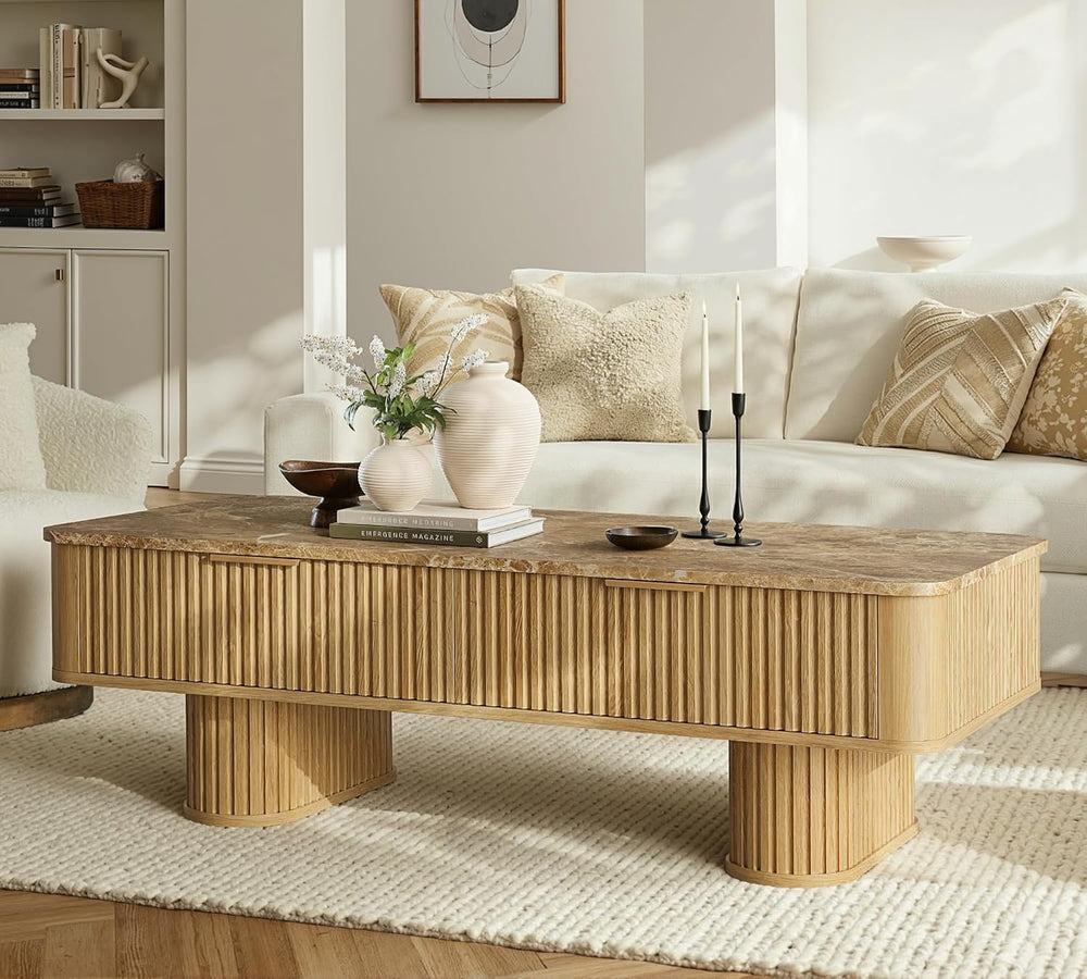 win2win Rectangle Coffee Table with Storage, Faux Marble Top, Boho,Oak