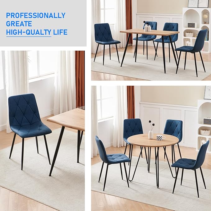 Btrpily 4 Set of Dining Chairs, Metal Frame Dining Chair for Kitchen Room,Technology Cloth Seat Chair for Living Room, Bedroom(Blue)