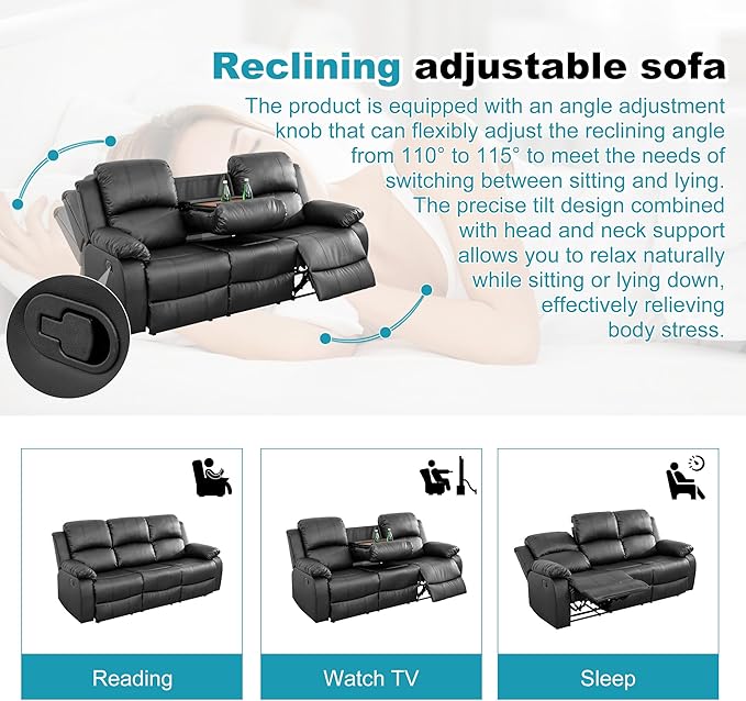 Recliner Sofa Set Couches for Living Room Chair Semi PU Fabric Living Room Furniture Sets, Adjusted Loveseat Reclining Couch Furniture Sofa Set for Theater Seating, 3-Seater, Black