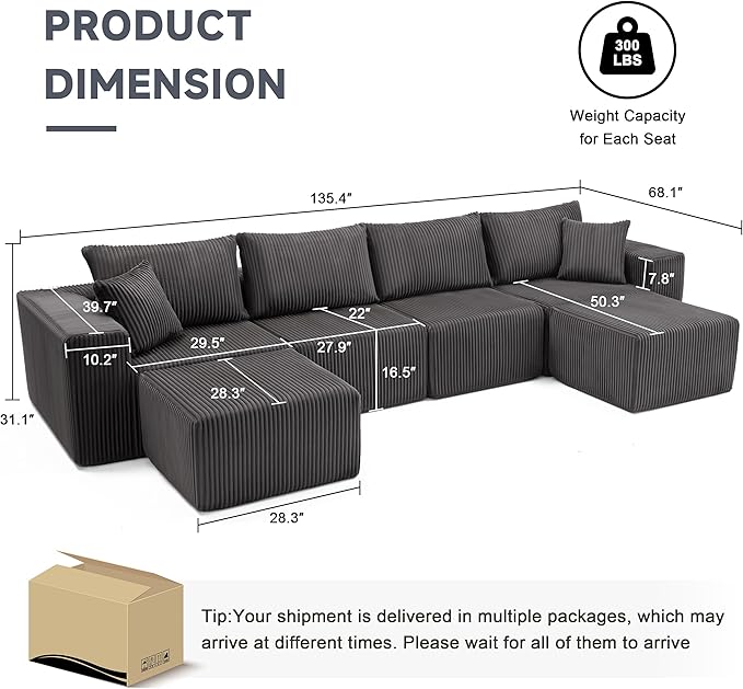 135.4" Cloud Couch Sectional, Modular Sectional Sofa with Deep Seat, Plush Corduroy U Shaped Boneless Couch, Convertible Sectional Couches for Living Room, 6Seat, Grey