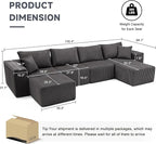 135.4" Cloud Couch Sectional, Modular Sectional Sofa with Deep Seat, Plush Corduroy U Shaped Boneless Couch, Convertible Sectional Couches for Living Room, 6Seat, Grey