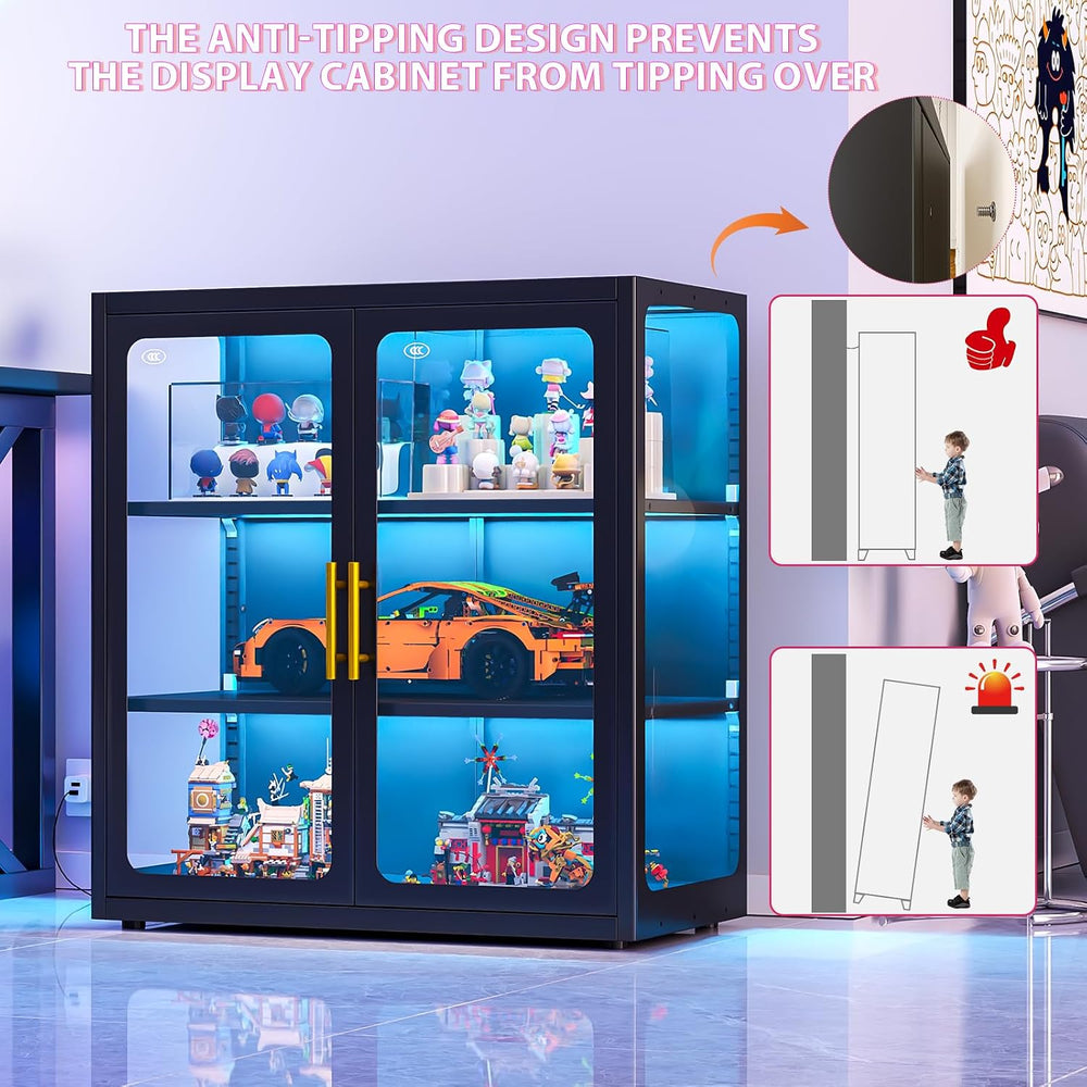 34" Display Cabinet with Glass Doors, 4-Tier Curio Cabinet with Many Col...