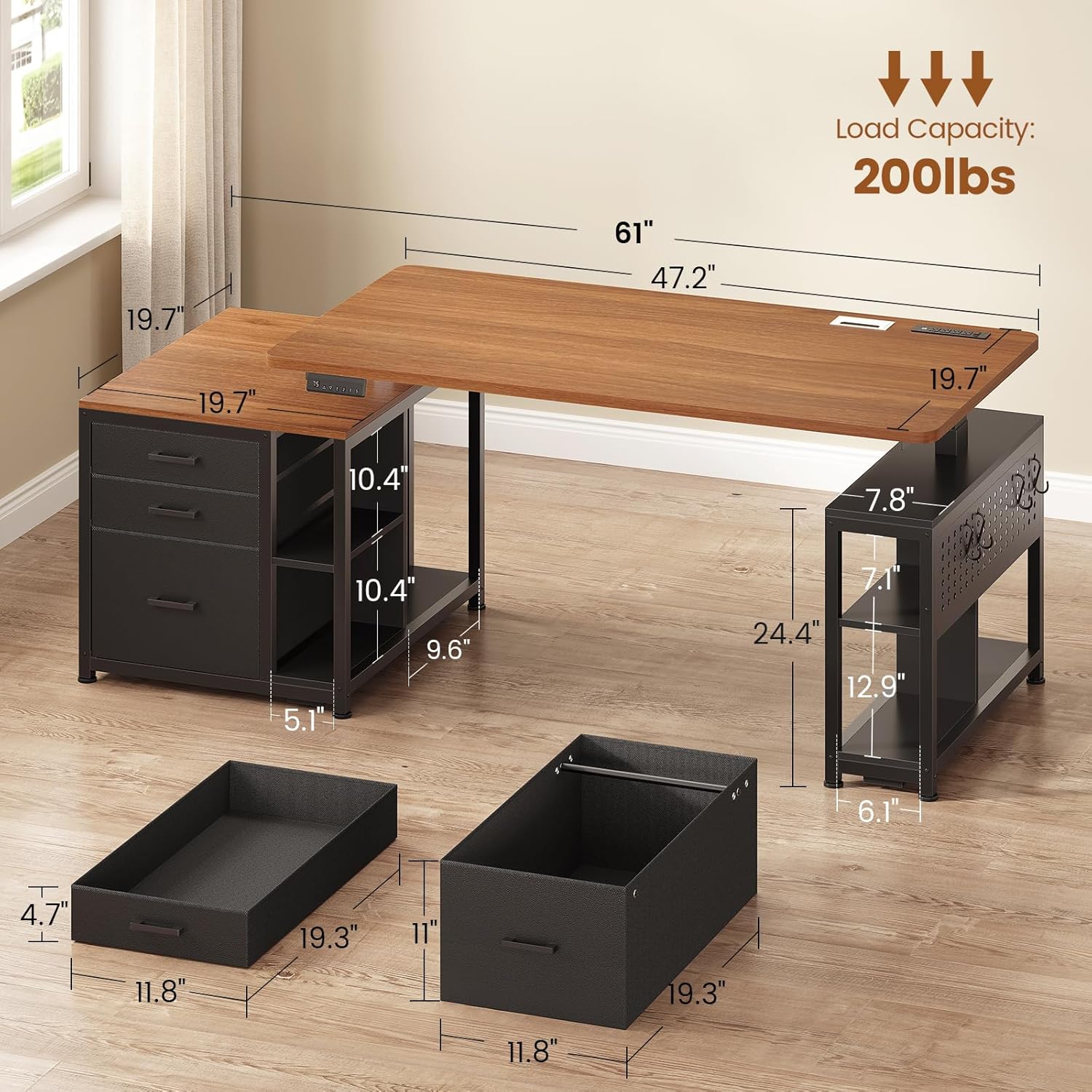 SEDETA Electric Standing Desk with 3 Fabric Drawers, 61" Height Adjustable Office Executive Desk with Storage Drawers, Stand up Computer Desk with Power Outlet for Home Office (Black + Brown)