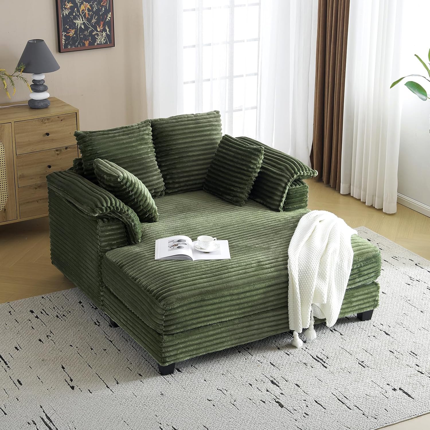 VINGLI Lounge Chair, 56" Oversized Reading Chair Corduroy Chaise Sofa Recliner Bed Upholstered Comfy Sleeper Couch with Throw Pillows and Armrests for Living Room, Movie Room, Bedroom