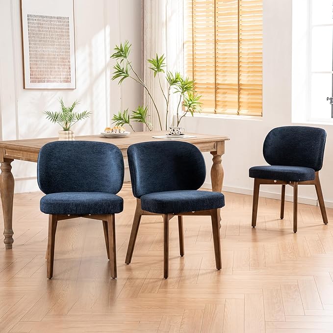 YOUNIKE Dining Chairs Set of 3 Mid Century Modern Kitchen Chair with Back Boucle Fabric Upholstered Armless Chair 20" Wide Padded Seat with Wooden Legs for Kitchen Dining Living Room Bedroom Navy Blue