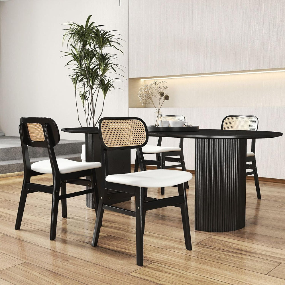 ROCITY Rattan Dining Chairs Set of 4 Black Wooden Dining Room Chairs White Fa...
