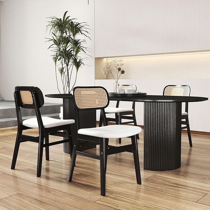 Black Rattan Dining Chairs Set of 4 Lambswool Dining Room Chairs Natural Wood...