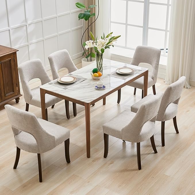 UVV Wooden Dining Chairs Set of 6, Mid Century Modern Upholstered Dining Room Chair Kitchen Chairs, Chenille Dinner Chair with Solid Wood Legs for Kitchen Dining Room, Light Grey