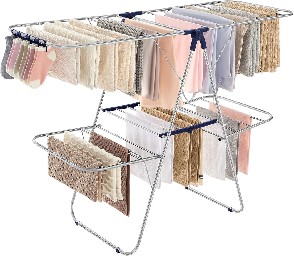 SONGMICS Clothes Drying Rack, Foldable 2-Level Laundry Drying Rack, Free-Stan...