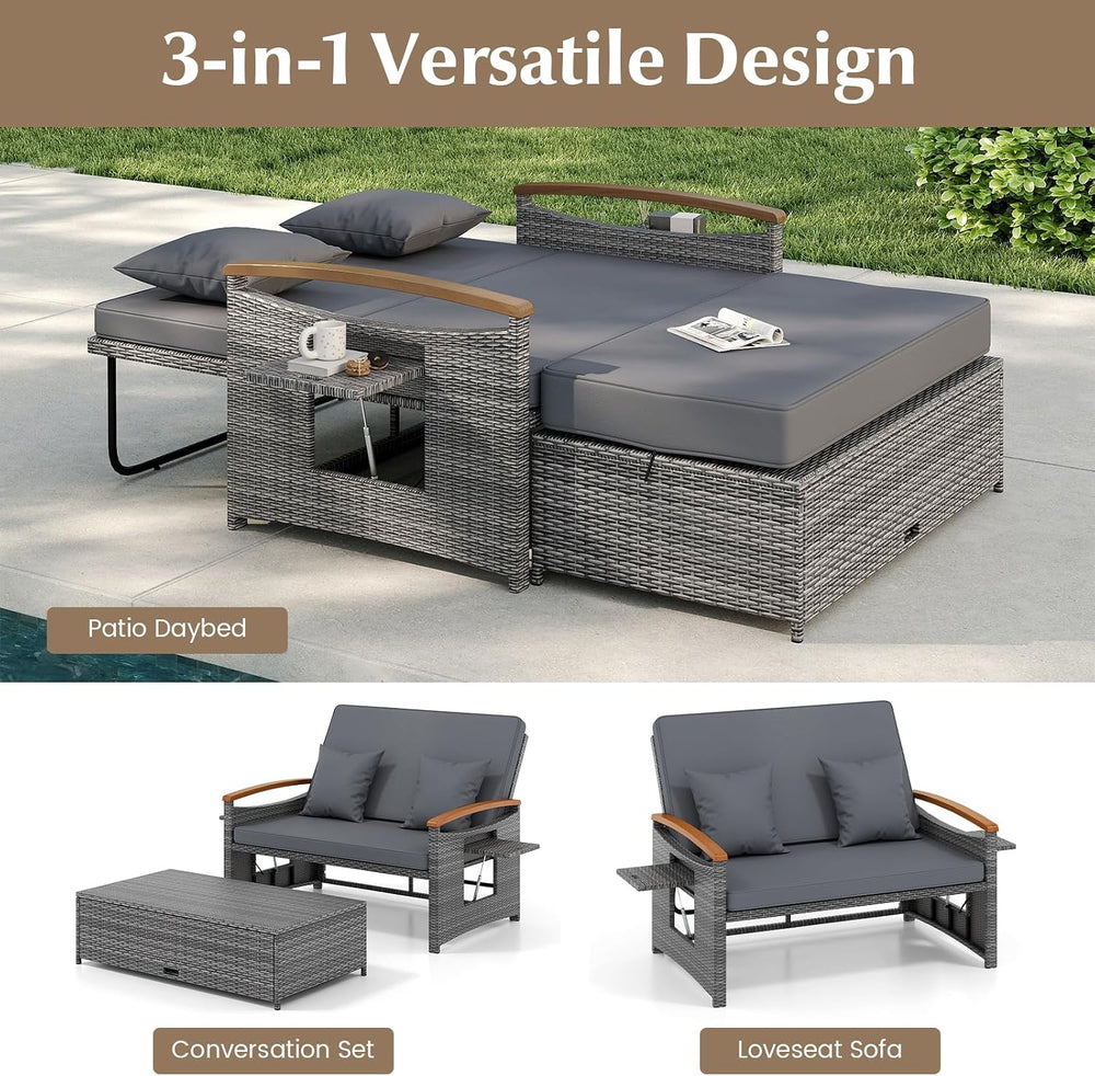 HAPPYGRILL Outdoor Wicker Sofa Daybed, Rattan Loveseat with Folding Panels &a...