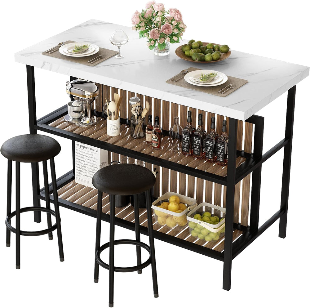 AWQM Kitchen Island with Seating & Storage Shelf, Modern Bar Table and Ch...