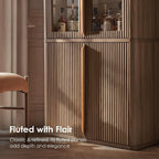 77" Tall Pantry Cabinets with Glass Doors, Fluted Storage Cabinet, Oak 2pcs | Wooden Kitchen Food Cupboard, Adjustable Shelves, Modern Display Storage Closet for Living Room, Dining Room, Office