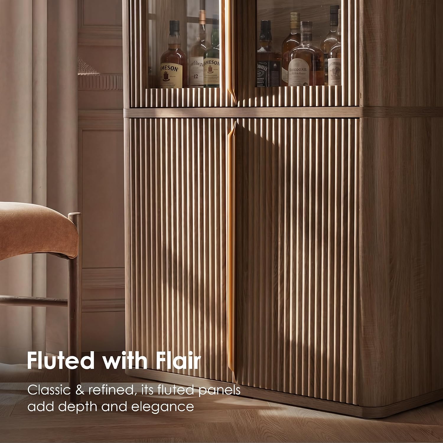 77" Tall Pantry Cabinets with Glass Doors, Fluted Storage Cabinet, Oak 2pcs | Wooden Kitchen Food Cupboard, Adjustable Shelves, Modern Display Storage Closet for Living Room, Dining Room, Office