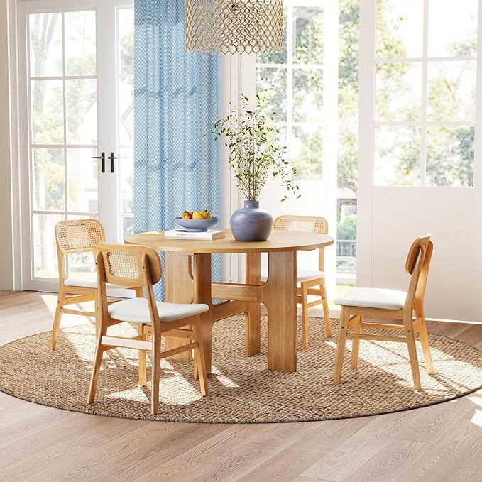 Rattan Dining Chairs Set of 4 White Faux Leather Dining Room Chairs Natural Wooden Kitchen Chairs Farmhouse Side Chairs