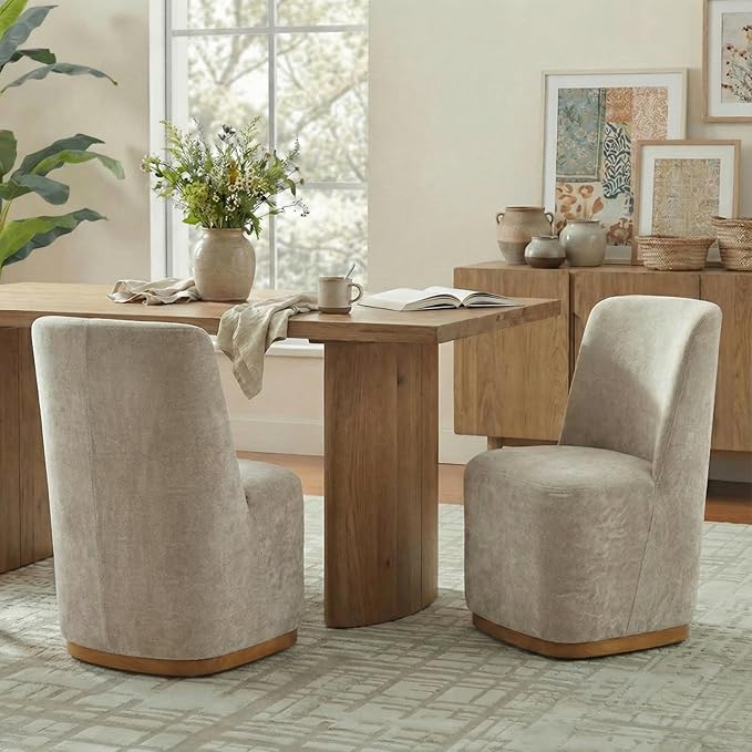 Christopher Knight Home Lucy Chenille Upholstered Dining Chairs Set of 2, Sturdy Wooden Dining Chair with Pedestal Base, Modern Kitchen Chairs with Solid Back, Versatile Indoor Usage, Oatmeal