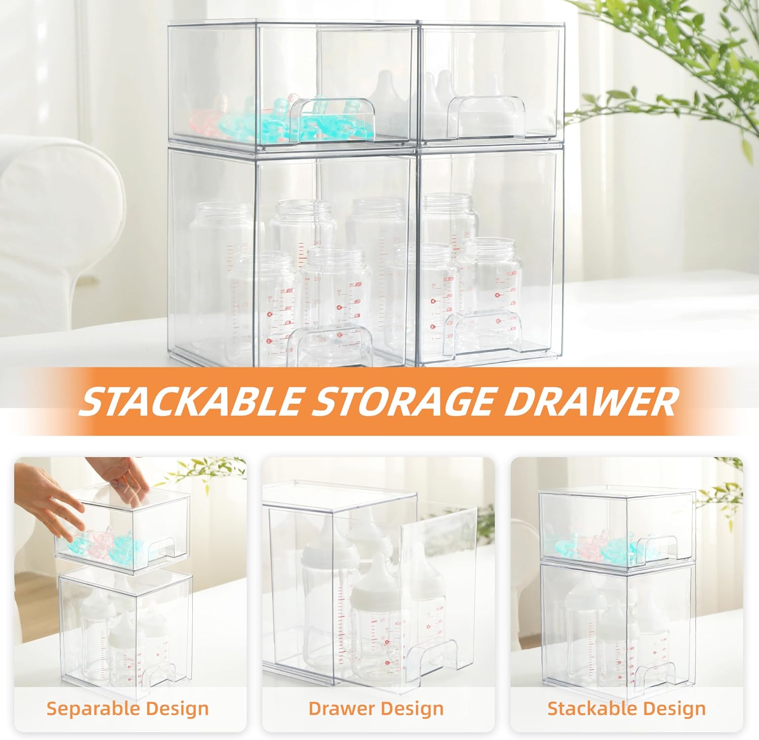 Baby Bottle Organizer, 4 Pack Bottle Storage Organizer Baby with Labels, Clear Stackable Storage Drawers for Bottles, Nipples, Pump Parts, Bottle Station Organizers for Countertop and Cabinet