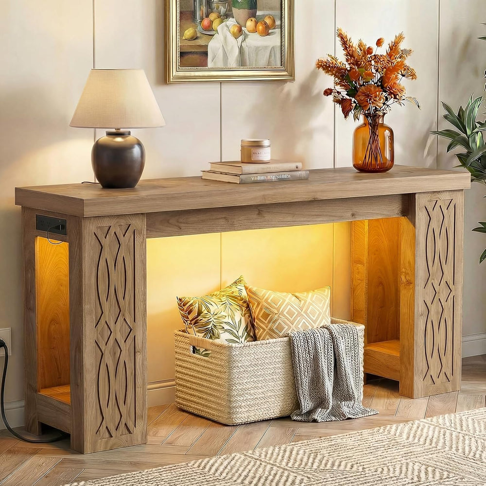 Cyclysio 63" Console Table with Outlet & Colorful LED Lights, Natura...