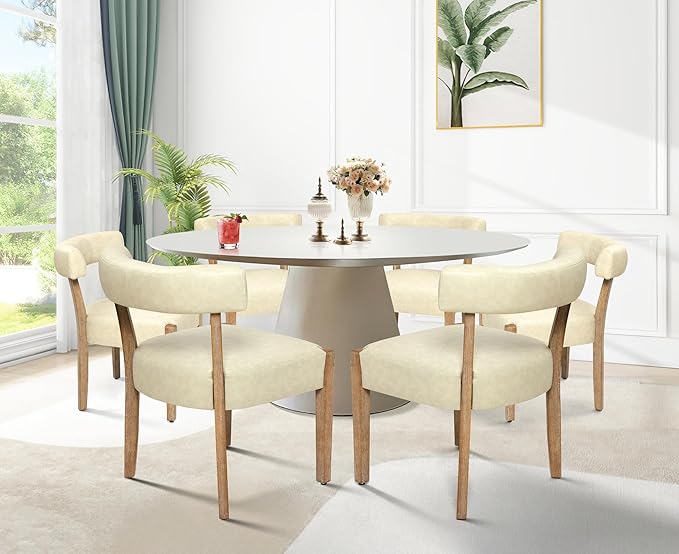 Modern Dining Chairs Set of 6, Faux Leather Upholstered Kitchen & Dining Room Chairs, Mid Century Modern Wooden Dining Chairs Oversized Sturdy Rounded Chairs Curved Back, Beige