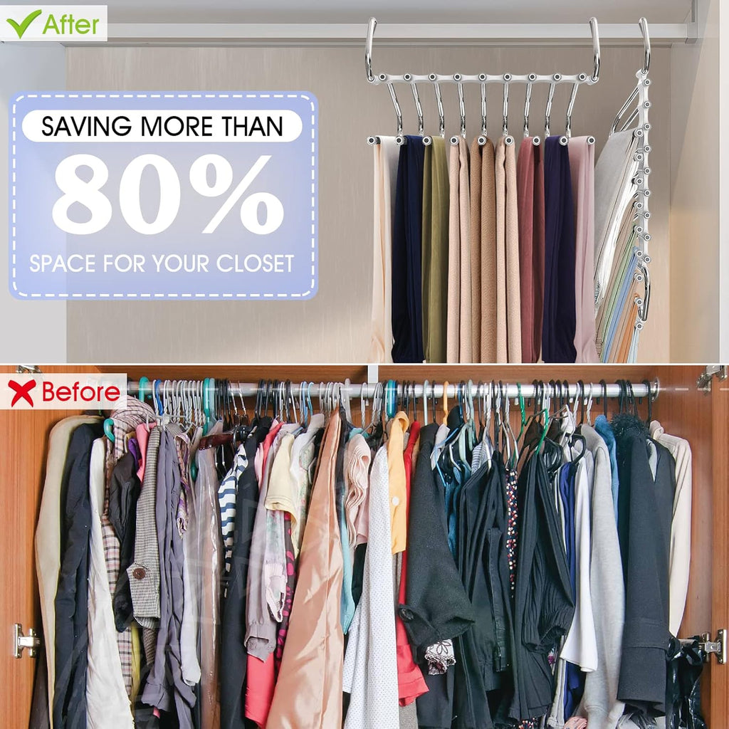 Upgrade 9 Layers Pants Hangers Space Saving, 2 Pack Multifunctional Pants Rack Non Slip Stainless Steel Clothes Space Saver Hangers Closet Organizers Storage for Pants Jeans Leggings, Creamy White