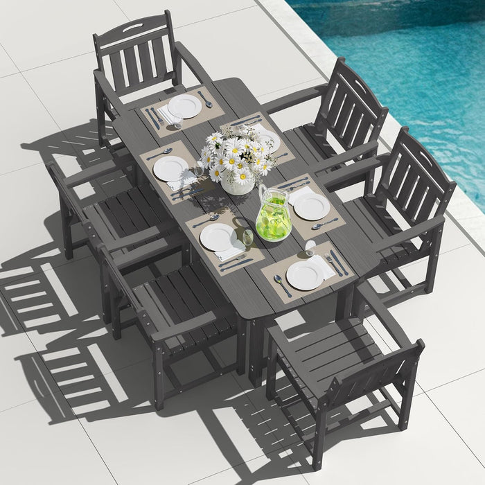 HDPE Outdoor Dining Set, Patio Table and Chairs Set, All-Weather 7-Piece Outside Table and 6 Chairs, 2" Umbrella Hole, Outdoor Furniture for Garden, Poolside, Backyard, Deck | Grey