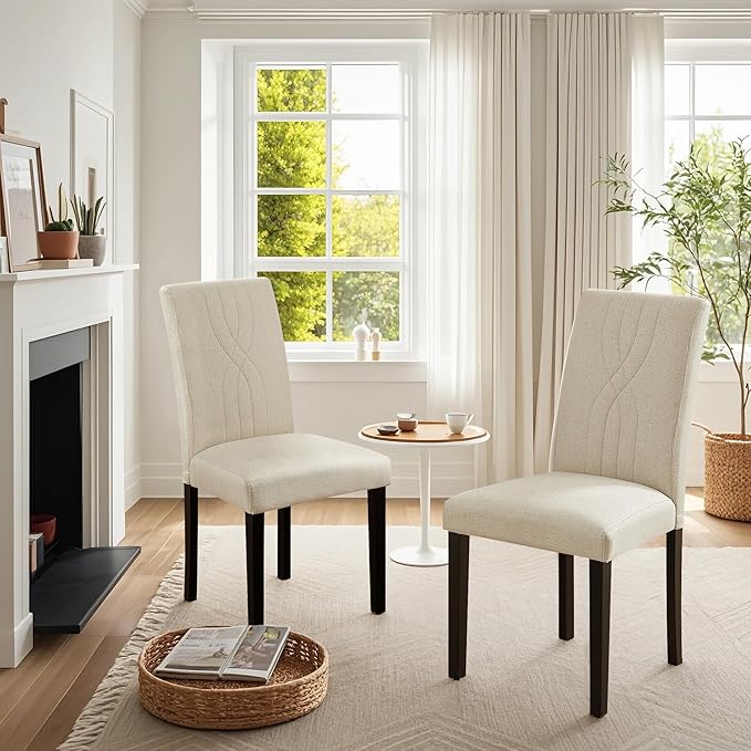 VECELO Upholstered Dining Chairs Set of 4, Modern Fabric and Solid Wood Legs & High Back for Kitchen/Living Room- Beige
