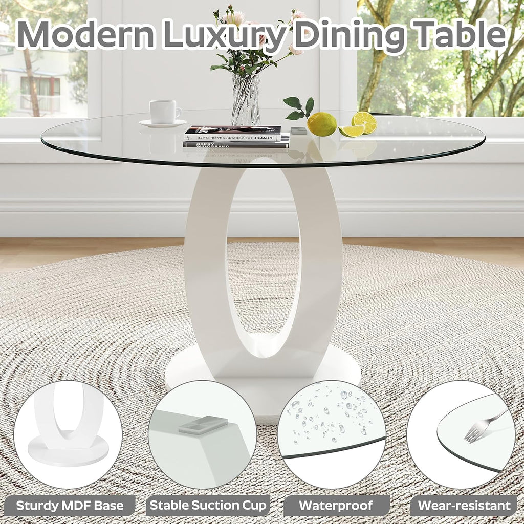 RGZ 39'' Modern Luxury Glass Round Dining Table for 4-6, Clear Circle Glass Top Kitchen Table with White MDF Base, Small Circular Minimalist Apartment Dinner Table for Home, Living Room, Tea
