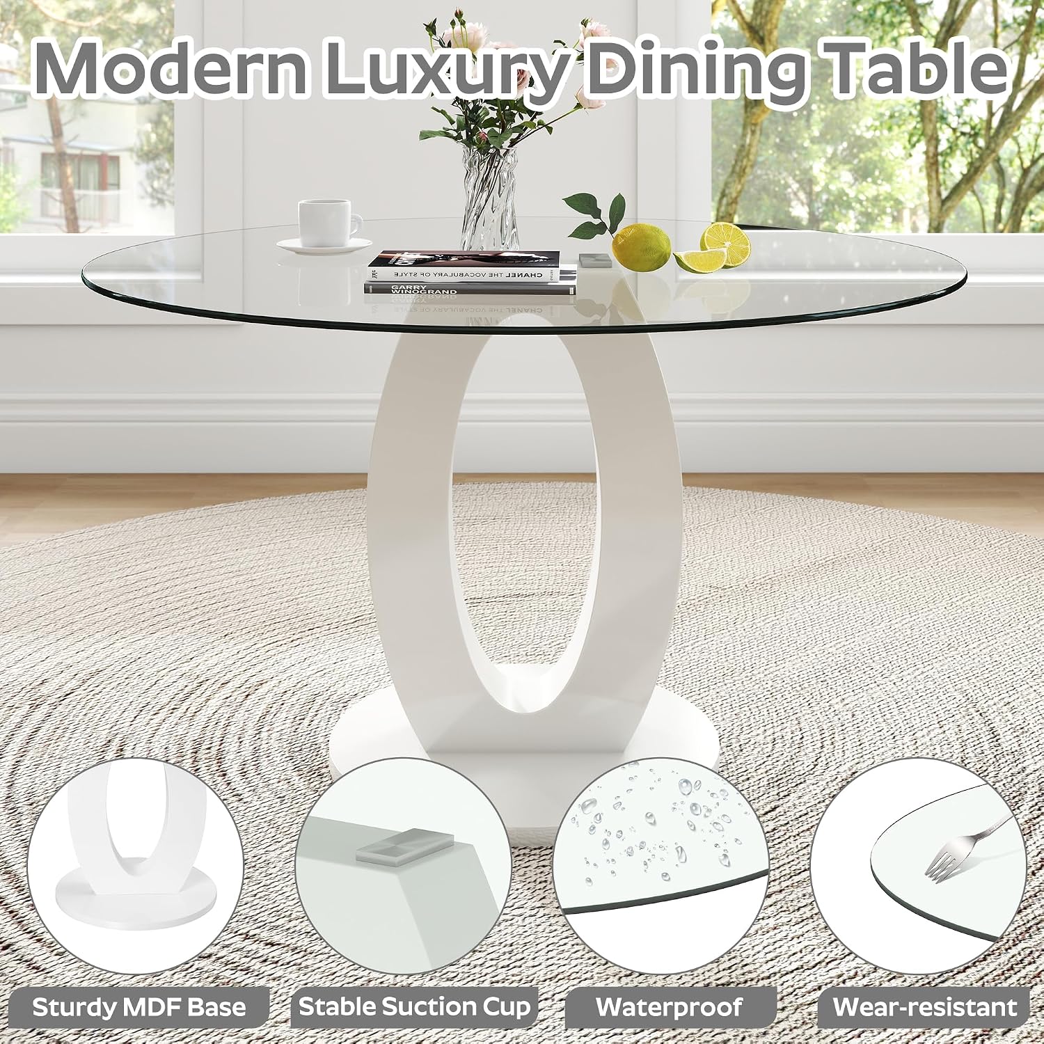 RGZ 39'' Modern Luxury Glass Round Dining Table for 4-6, Clear Circle Glass Top Kitchen Table with White MDF Base, Small Circular Minimalist Apartment Dinner Table for Home, Living Room, Tea