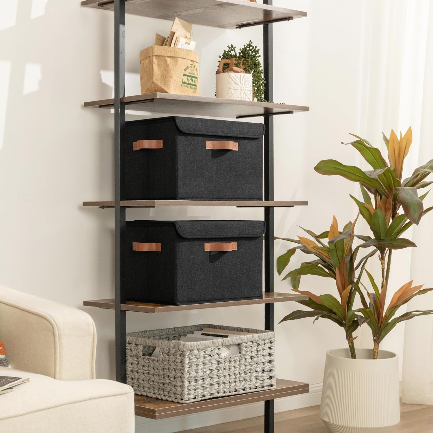 GRANNY SAYS Storage Bins with Lids, Decorative Storage Boxes with PU Handles, Black Storage Bin, Linen Closet Organizer, Shelf Baskets, Fabric Storage Bins for Clothes