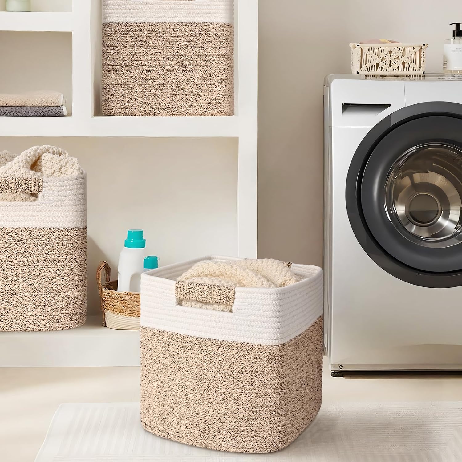 11 Inch Storage Cubes, 3 Pack Cube Storage Bins for Organizing, Cotton Rope Woven Baskets for Shelves, Bathroom, Kids Room, Closets, Baby Nursery