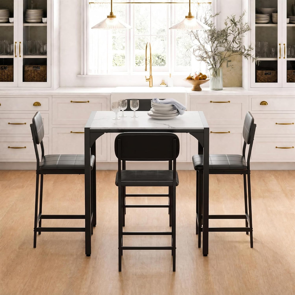 XIAO WEI 5-Piece Counter Height Dining Table Set for 4, Marble-Look, Black | Counter height table, Dining table set for 4, Wide padded chairs, Marble-look top, Space-saving tuck-away frame