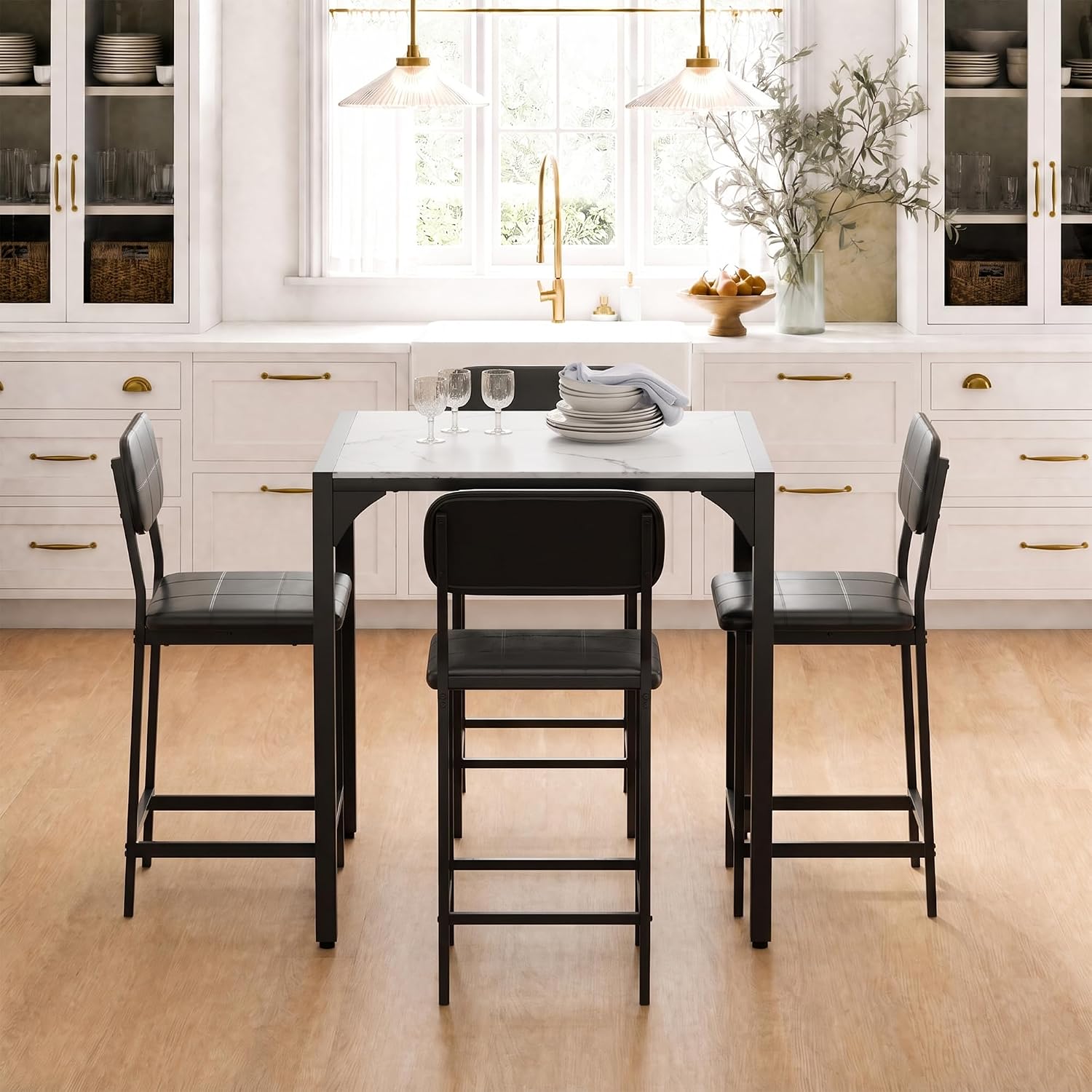 XIAO WEI 5-Piece Counter Height Dining Table Set for 4, Marble-Look, Black | Counter height table, Dining table set for 4, Wide padded chairs, Marble-look top, Space-saving tuck-away frame