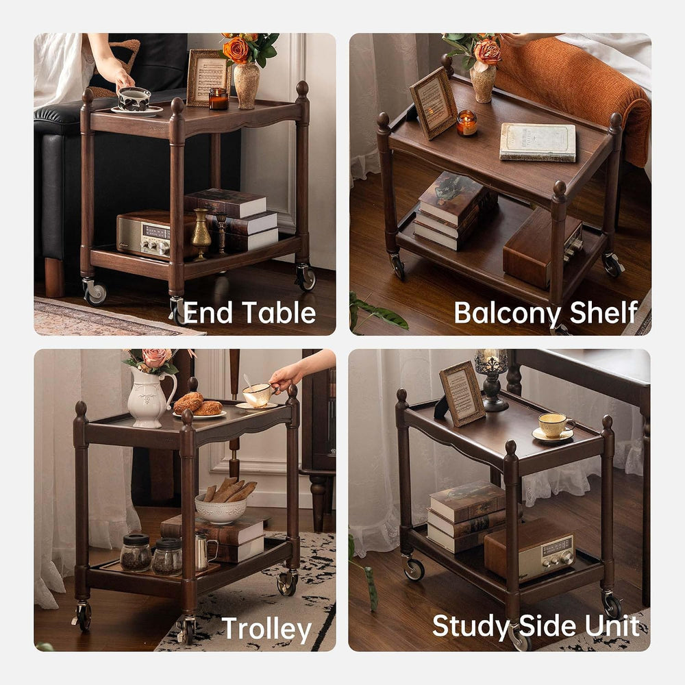 YESWOOD Vintage Walnut Side Table with Lockable Wheels, 2‑Tier Rolling End Ta...