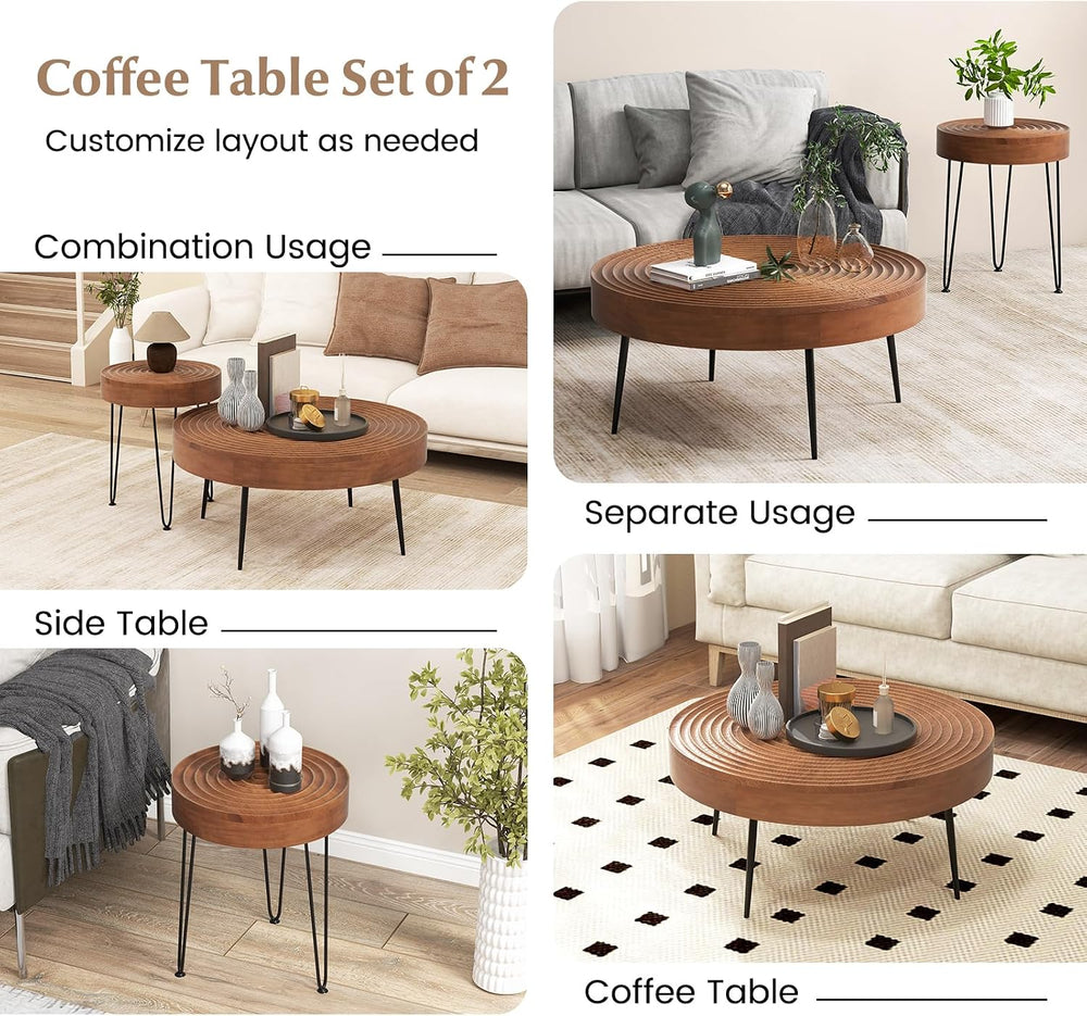 Giantex Boho Round Coffee Table Set of 2, Sofa Side Nesting Table with Solid ...