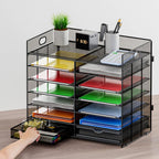 Marbrasse 7 Tier Desktop Literature Organizer, Mesh Paper Organizer, Desk Organizers with Drawer, File Sorter Mail Center Paper Storage Cabinet Classroom Keepers Mailbox for Office Home School (Black)
