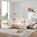 Ball & Cast Modular Convertible L-Shaped Sectional Sleeper Sofa Bed Pull Out Couch with Moveable Storage Ottoman,Oversized Chenille Pull-Out Sofa Bed W/Reclining Armrest&USB Port,for Living Room,Beige