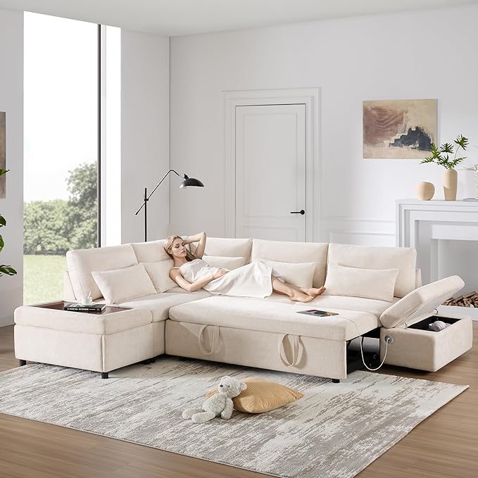 Ball & Cast Modular Convertible L-Shaped Sectional Sleeper Sofa Bed Pull Out Couch with Moveable Storage Ottoman,Oversized Chenille Pull-Out Sofa Bed W/Reclining Armrest&USB Port,for Living Room,Beige