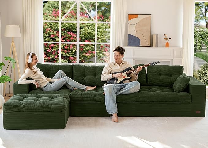 MAXYOYO 132" L Shaped Modular Sectional Sofa with Ottoman, Cloud Boneless Couch with Layered Cushion, Upholstered Sofa in a Box, Flexible Module Combination for Living Room, No Assembly, Dark Green