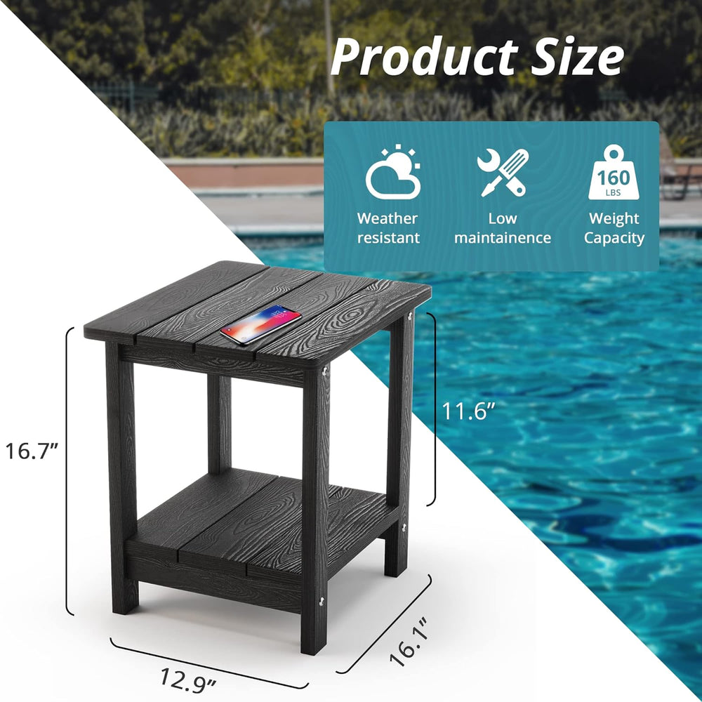 LUE BONA Outdoor Side Table, 2-Tier HDPS Small Patio Table, Black | 2-Tier Sh...