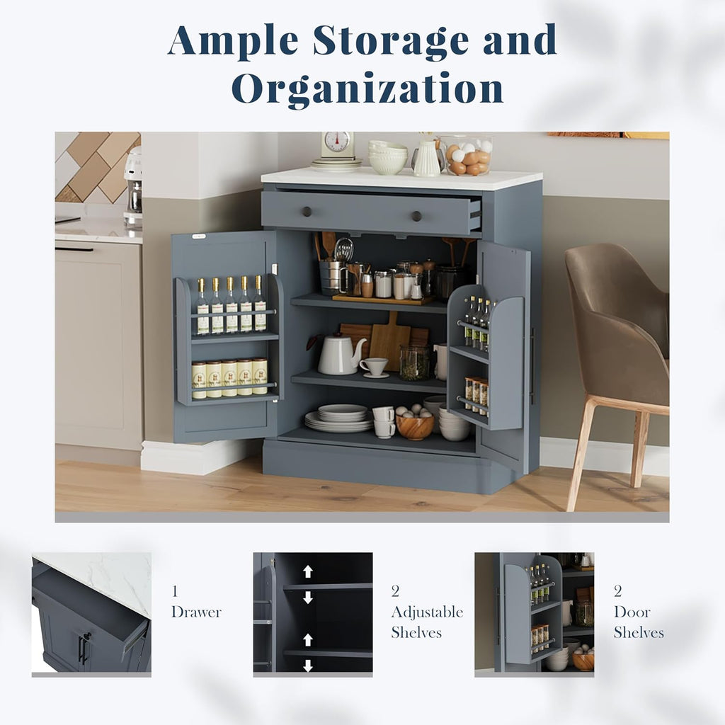 Bellemave Freestanding Coffee Bar Cabinet with Drawer & Adjustable Shelves, 35.4" H Kitchen Storage Cabinet,Coffee Bar Organizer for Small Spaces, White Marble Countertop, Anti-Tip Design.(Gray)