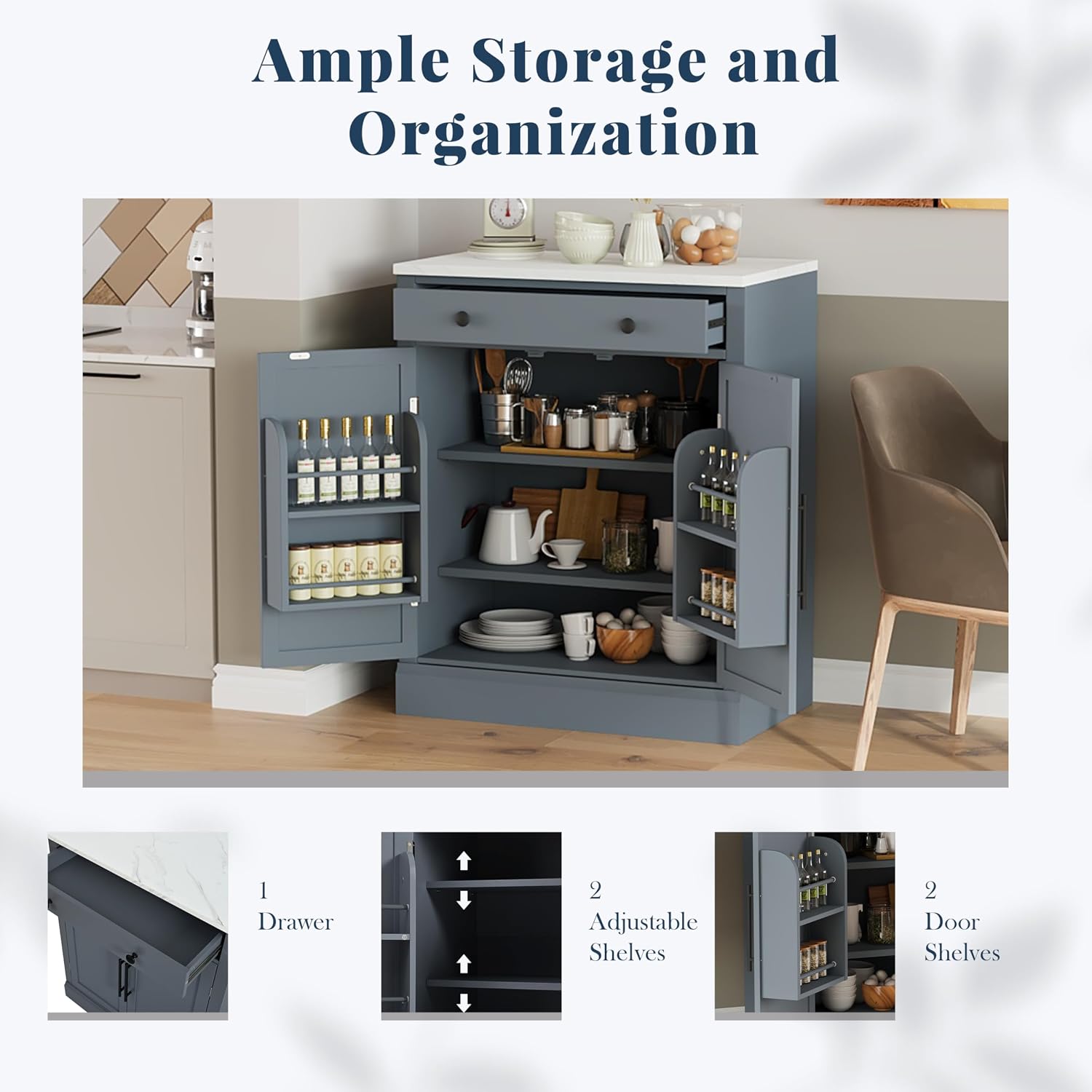 Bellemave Freestanding Coffee Bar Cabinet with Drawer & Adjustable Shelves, 35.4" H Kitchen Storage Cabinet,Coffee Bar Organizer for Small Spaces, White Marble Countertop, Anti-Tip Design.(Gray)