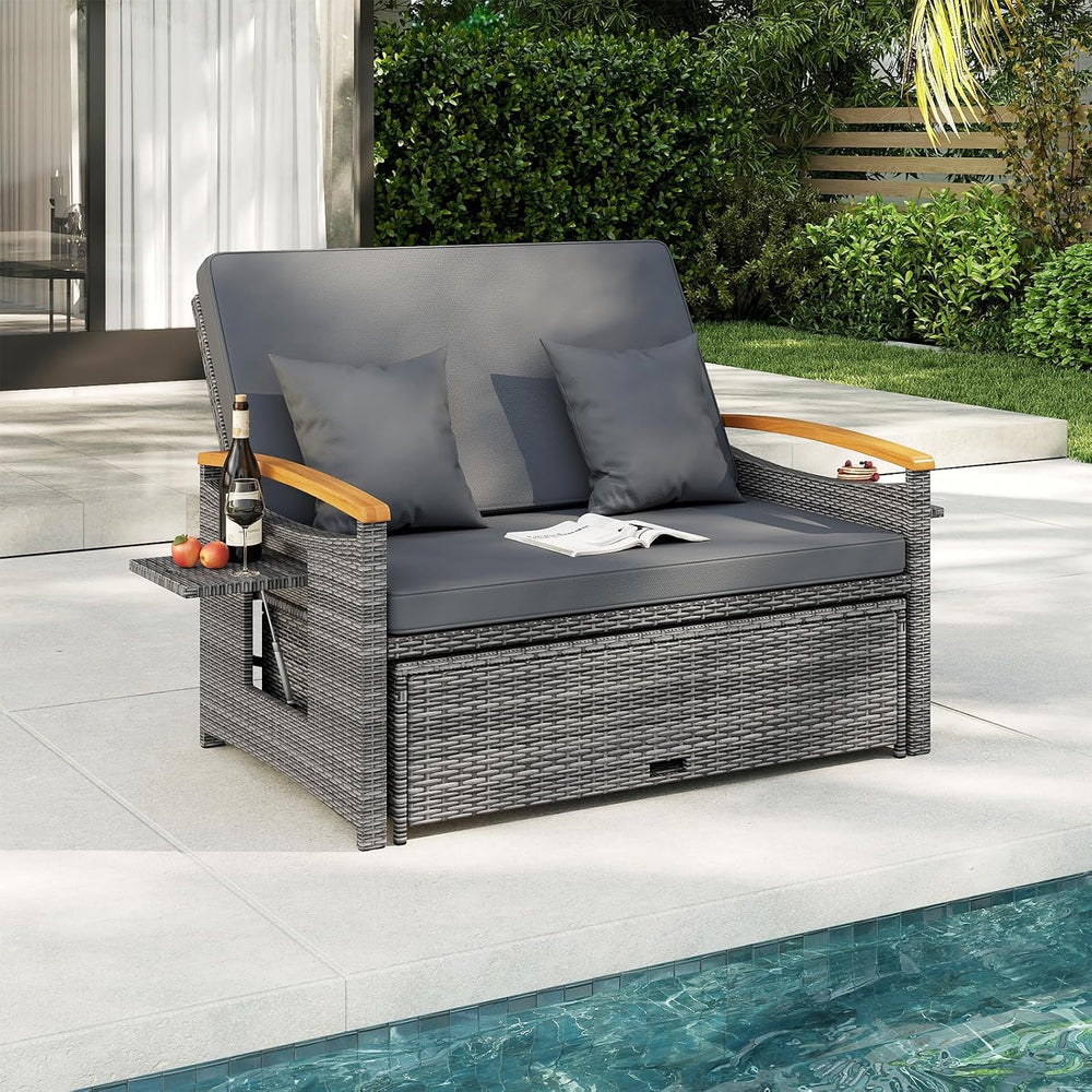 HAPPYGRILL Outdoor Wicker Sofa Daybed, Rattan Loveseat with Folding Panels &a...