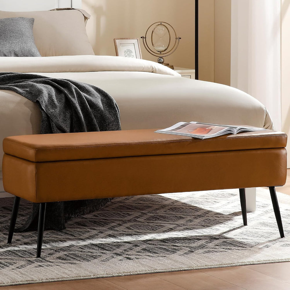 kinmars Leather Storage Ottoman Bench, End of Bed Bench with Steel Legs | Bro...