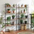 Bestier 65" Industrial Wall-Mounted Ladder Shelf 4 Tier Bookshelf with Storage Organizer Plant Flower Display Stand Round Tube Bookcase Rack with 2 Hooks for Home Office,Large,Rustic Brown