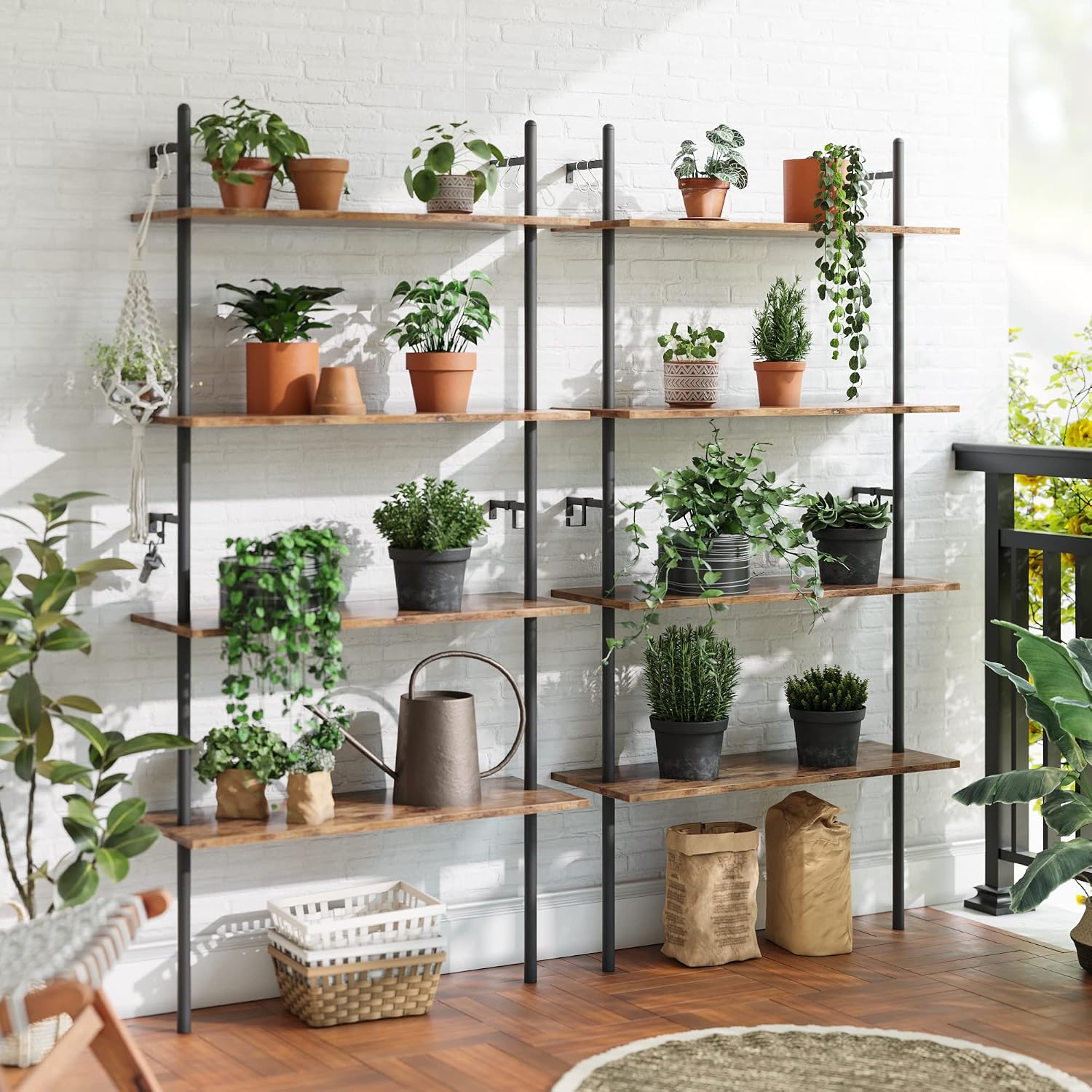 Bestier 65" Industrial Wall-Mounted Ladder Shelf 4 Tier Bookshelf with Storage Organizer Plant Flower Display Stand Round Tube Bookcase Rack with 2 Hooks for Home Office,Large,Rustic Brown