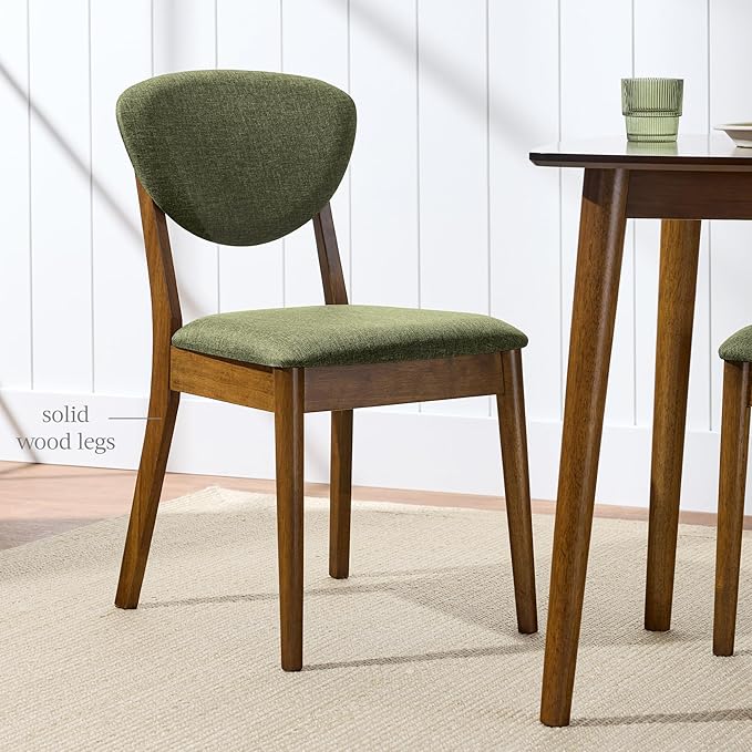 Best Choice Products Dining Chairs Set of 2, Mid-Century Modern Upholstered Wood, Armless w/Seat Cushion, Padded Backrest - Walnut/Moss Green
