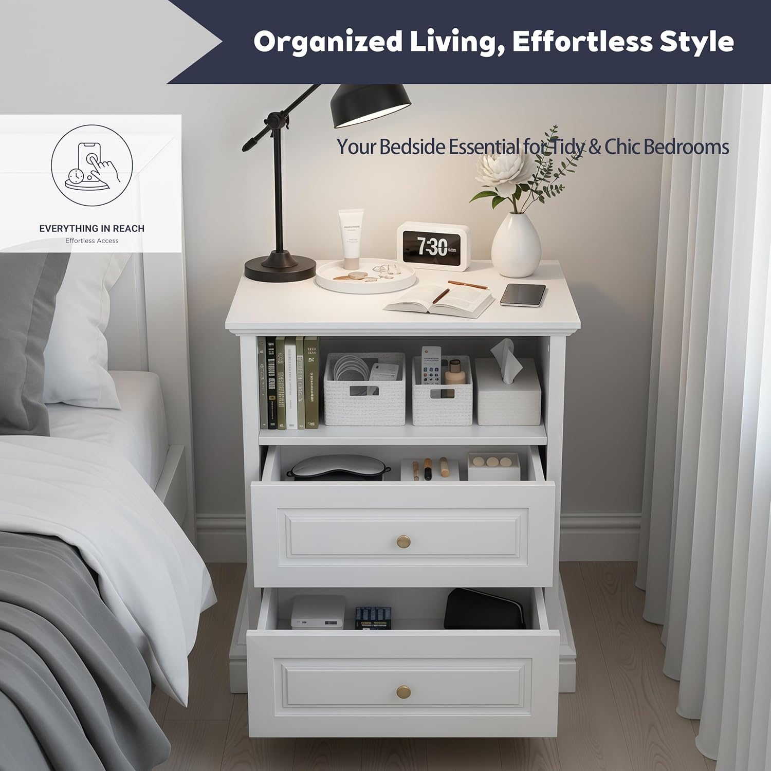 White Nightstand with 2 Drawers & Open Shelf, 21.2"x16.5"x24.0" Bedside Table with Gold Knobs, Modern End Table for Bedroom Living Room