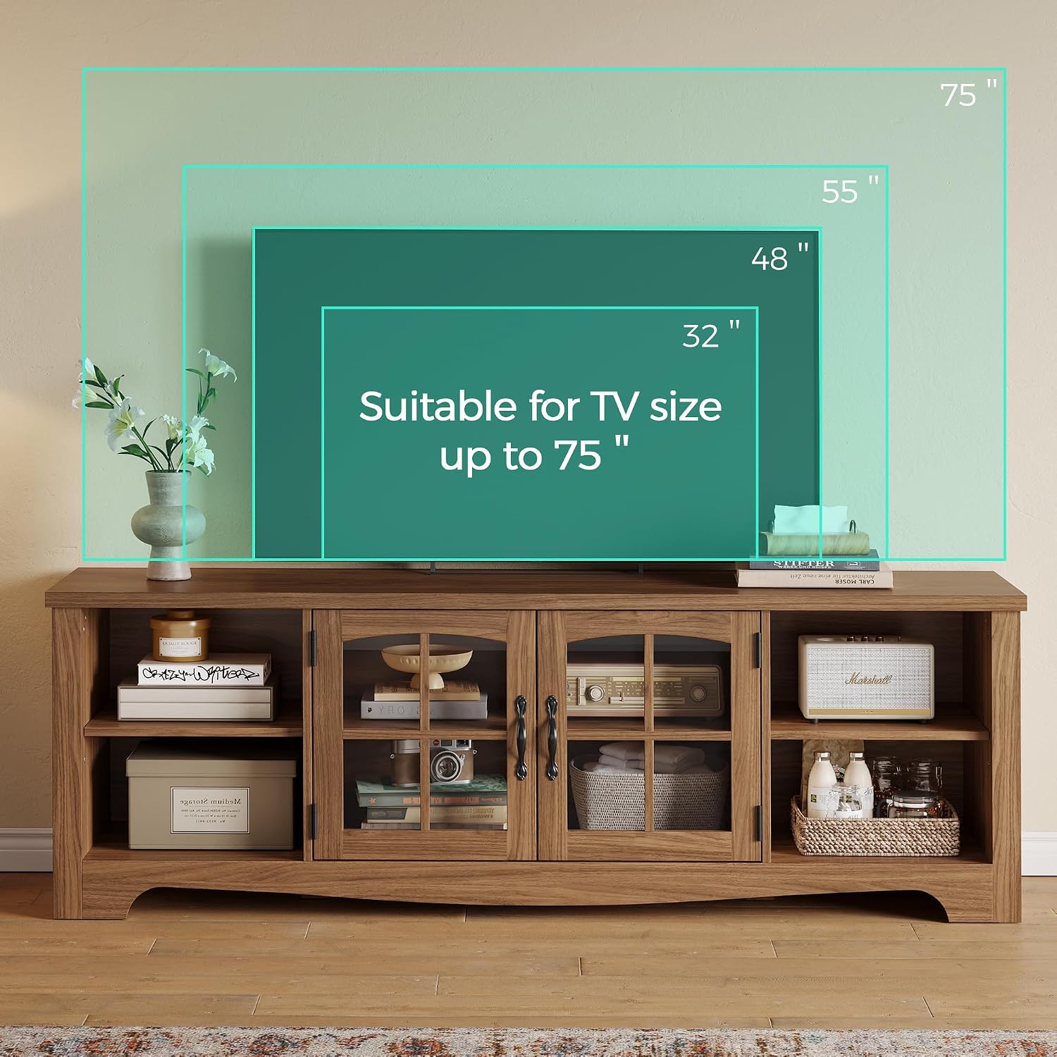 LINSY Home TV Stand for 75 Inch TV, Modern Farmhouse Entertainment Center with Storage Cabinets and Glass Doors, Tall Media Console Table for Living Room, Bedroom, Large Long Television Stand, Walnut
