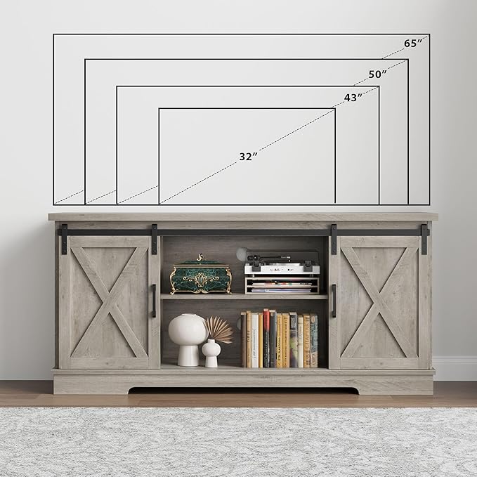 IDEALHOUSE Farmhouse Tv Stand for 65 inch TVs, Entertainment Center with Sliding Barn Doors and Adjustable Shelf, Modern Storage Media TV Console TV Stand Table for Living Room, Bedroom, Grey